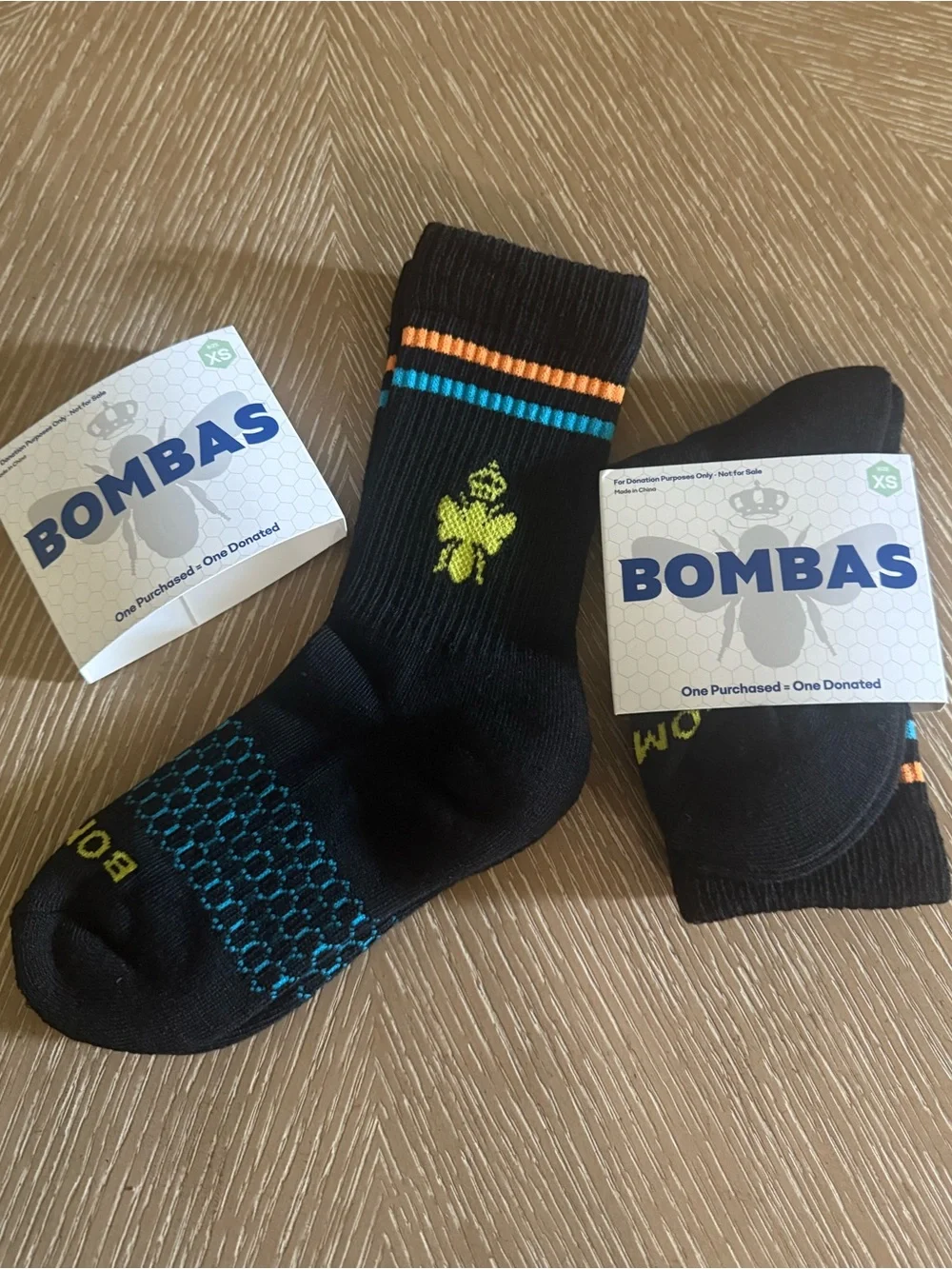 Bombas Youth XS Black Athletic Crew Socks with Blue & Orange Accents 2 Pack NWT